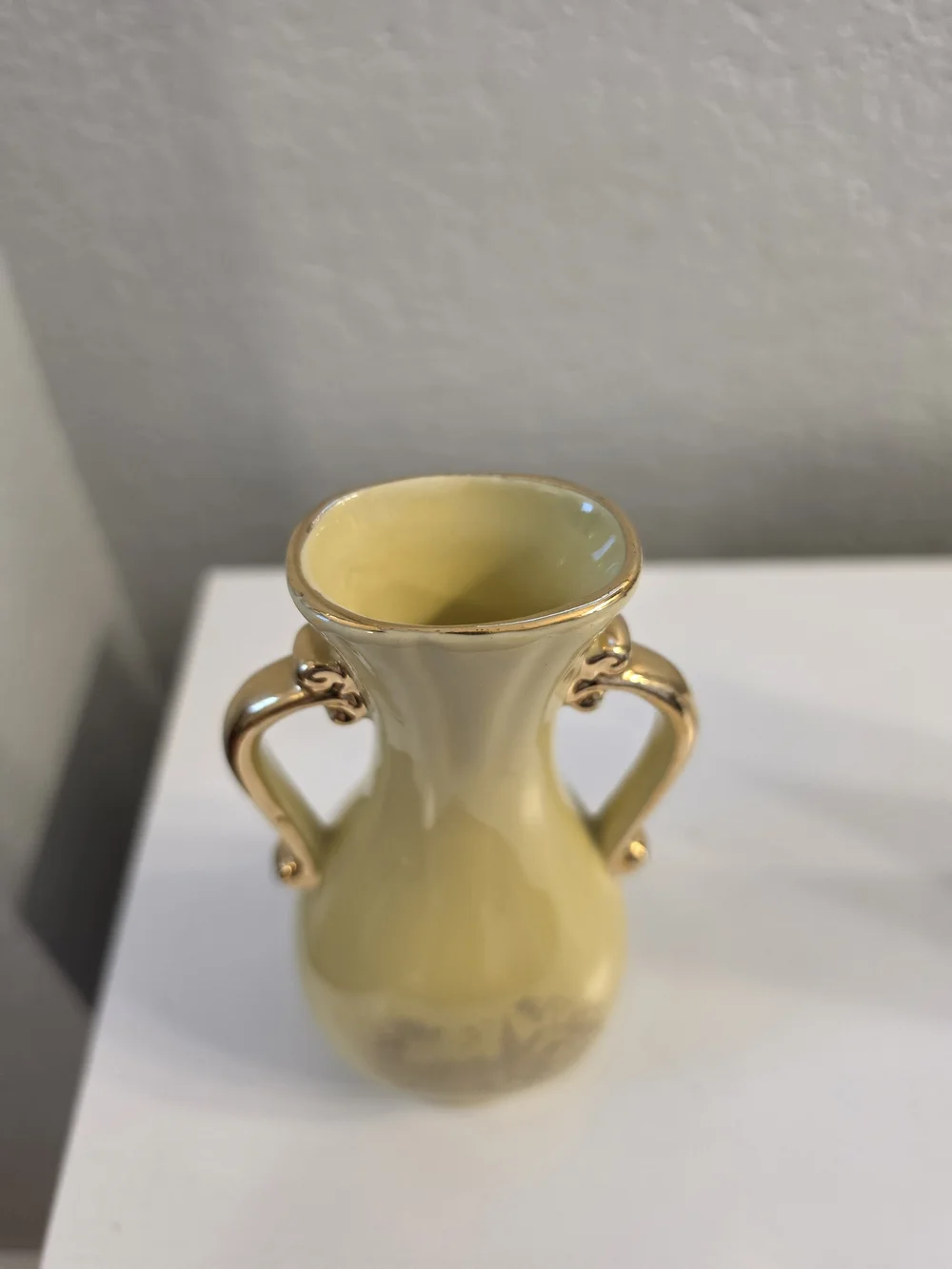 Vintage MCM Yellow Decorative Porcelain Vase with Gold Handles